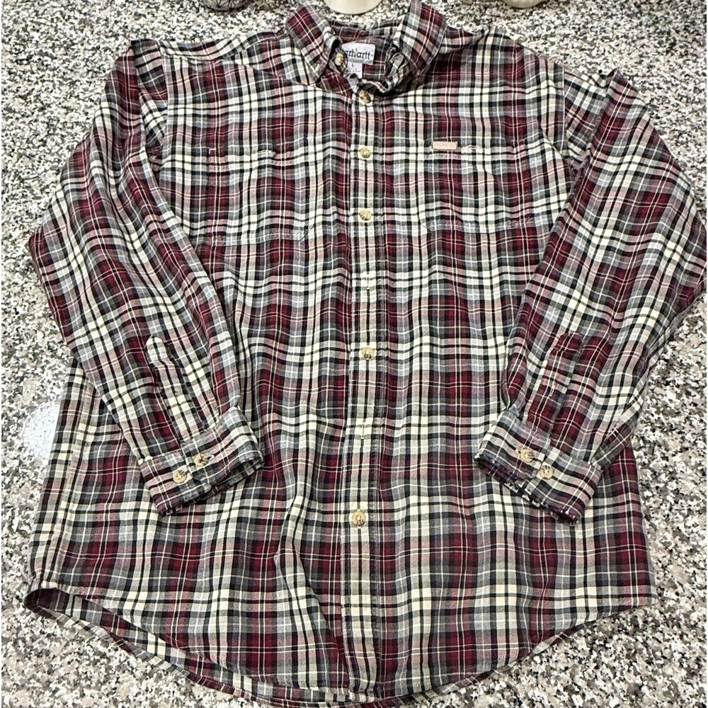Carhartt LS Shirt Mens L Tall Red Black Gray Plaid Flannel Button Down Workwear